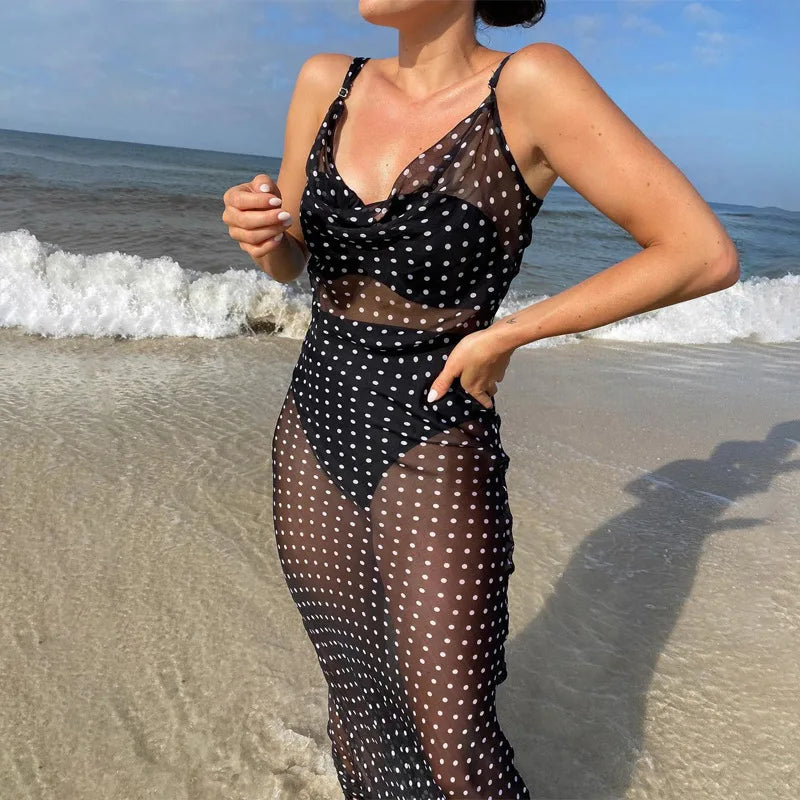 Spaghetti Strap Polka Dot Maxi Dresses Sexy Backless Women Dresses Party Club Black Mesh See Through Dress Elegant