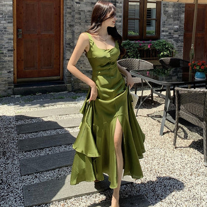 vmtvr Korean Summer Satin Elegant Women Dress Casual Sexy Tank Backless Ruffle Split Maxi Party Lady Robe Femme Beach Mujer Vestidos