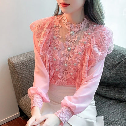 - Spring Fashion Embroidered Blouse Beaded Flower Chiffon Shirt Women's Sweet Long-Sleeved Stand-Up Collar Ruffled Lace Shirt