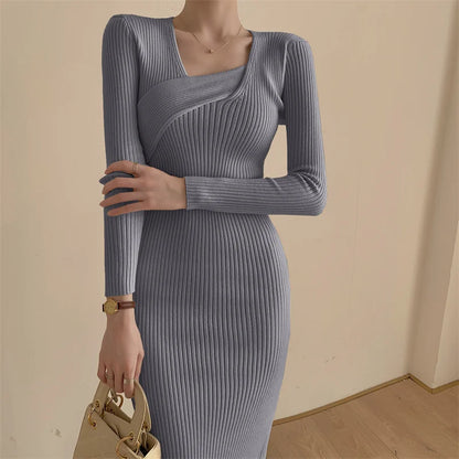 vmtvr Vintage Knitted Dress Women Autumn Long Sleeve Sweater Elegant Party Dress Office Lady Slim Female One-Piece Dress Korean