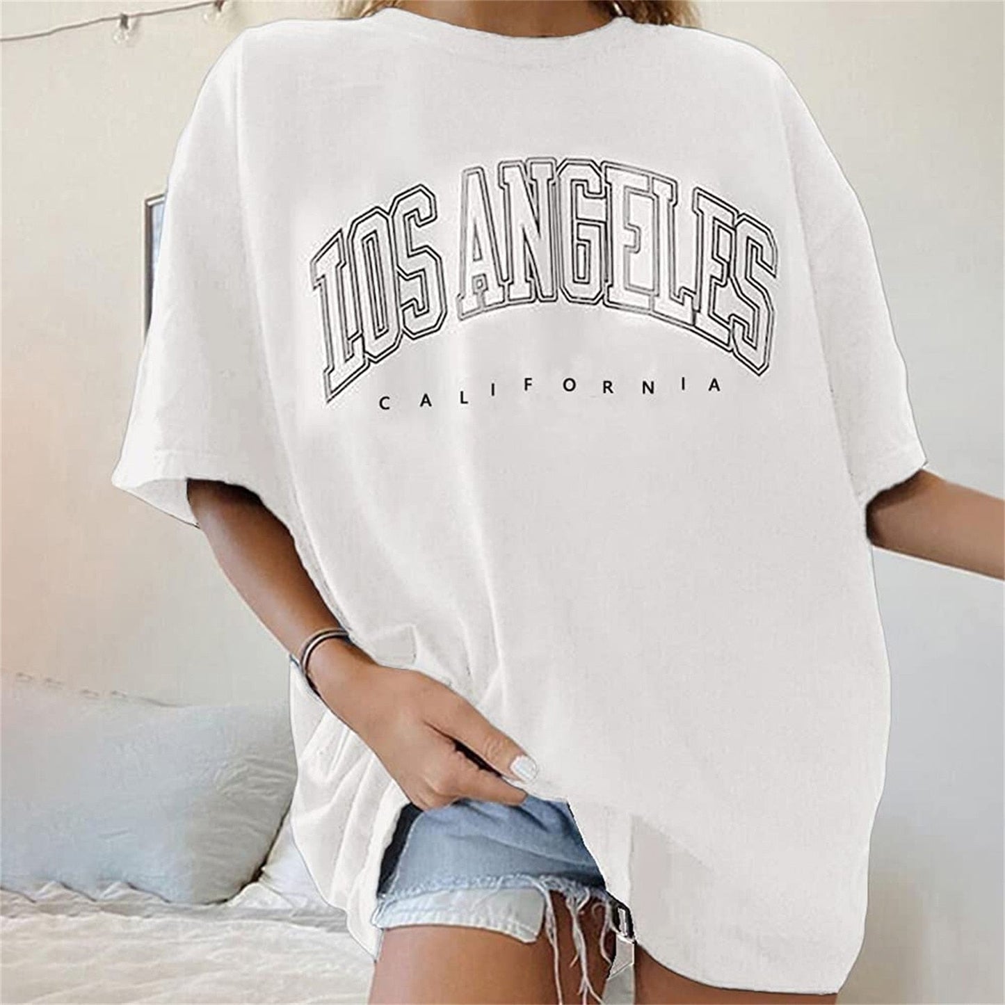 Fashion Women's T-Shirts LOS ANGELES Letter Prints T Shirt Women O-Neck Oversized Loose Short Sleeve Summer Tops Streetwear