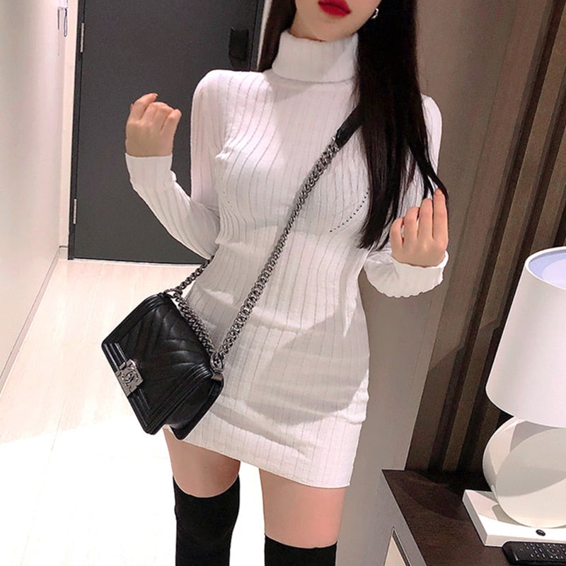 White Sexy Figure Turtleneck Tight Knitted Mini Korean Fashion Kawaii Casual Women&#39;S Elegant Dresses Autumn For Women 2022