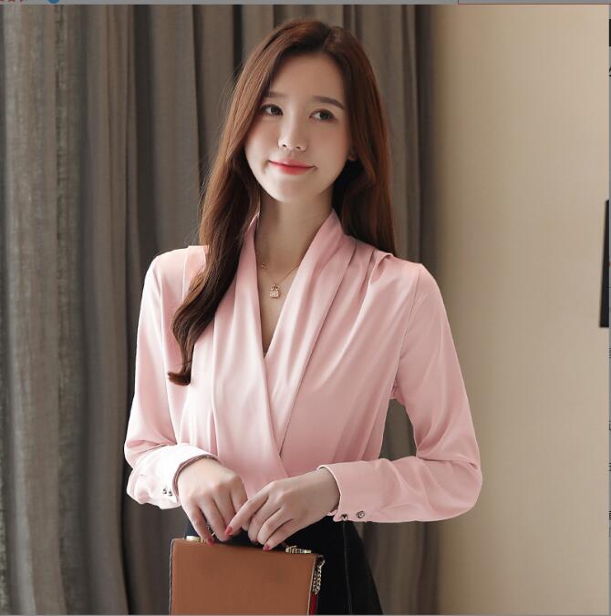 -Fall Outfits Long Sleeve Top Women Folds V-Neck Shirt Female Long Sleeve Elegant Solid Office Blouse  New Fashion Spring Streetwear Blouse And Tops