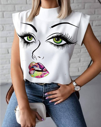 Fashion Women Elegant Lips Print Tops Blouse Shirts Summer Ladies Office Casual Stand Neck Pullovers Eye Blusa Tops