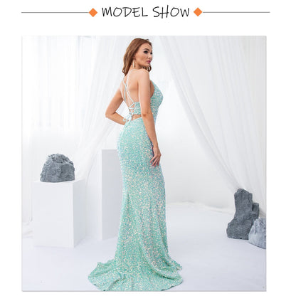 Luxury Mint Sequin Slip Lace Up Long Cocktail Party Dress Backless Hollow Out Velvet V Neck Maxi Gown Celebrity Women Summer