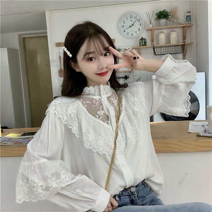 -Fall Outfits Long Sleeve Top Fashion Korean Lace Up Ruffled Blouses Women Autumn Sweet Loose Clothes Stand Collat Ladies Tops Vintage Lace Shirts Women 11335