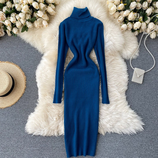 Sweater Dress Winter Turtleneck Warm Long Sleeve Knit Dress Korean Fashion Casual Solid Women Midi Bodycon Dress