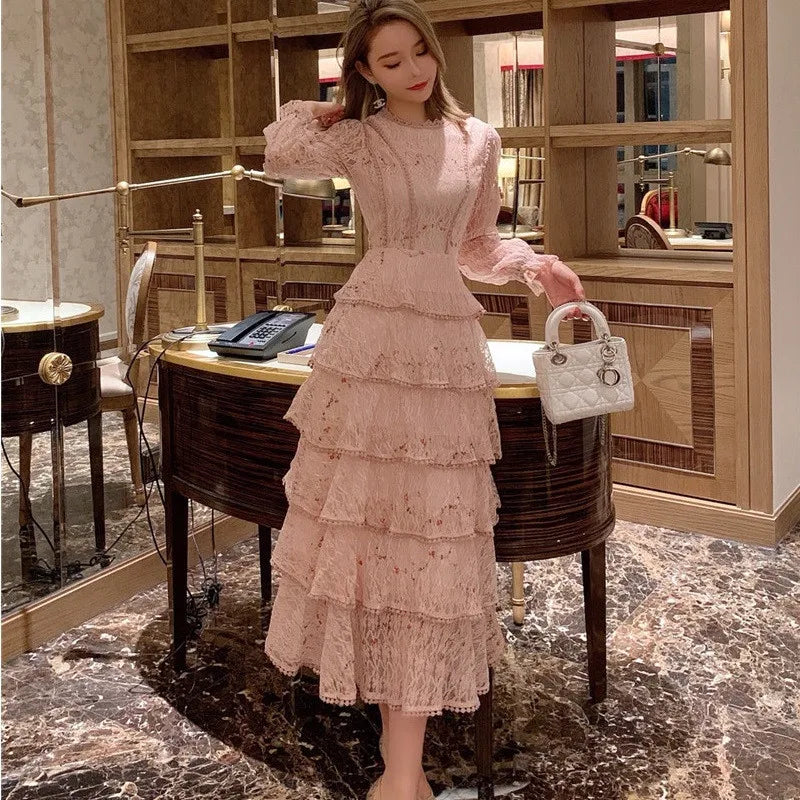 vmtvr Summer Lace Flower Embroidery Long Cake Dress Women A-Line Long Sleeve Six Layers Ruffles Dress Runway Elegant Party Dress