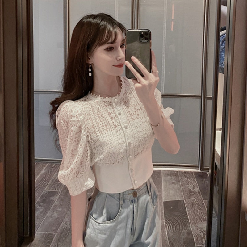 Summer Blouse Women Korean Hollow Out Lace White Women Shirt   New Short Sleeve Button Loose Shirts Solid Female Tops 13607