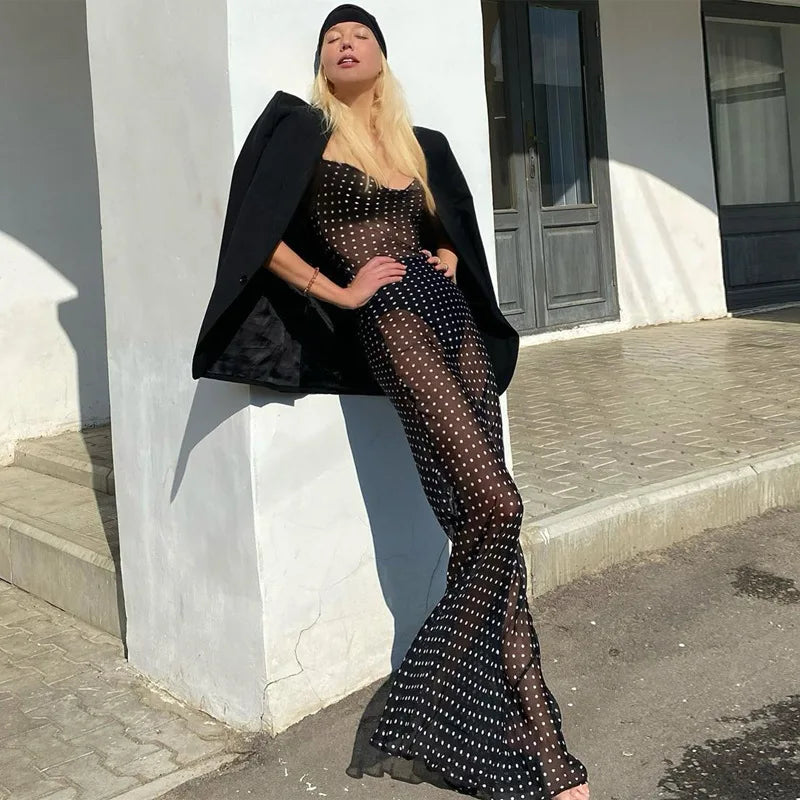 vmtvr Spaghetti Strap Polka Dot Maxi Dresses Sexy Backless Women Dresses Party Club Black Mesh See Through Dress Elegant