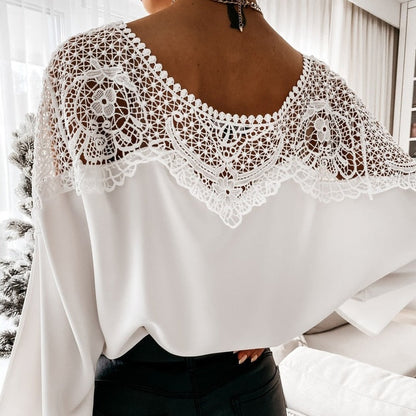 New Crochet Embroidery Lace Blouses Women Autumn Sexy Lace Stitching White Shirts Vintage Plus Size Ladies Tops Blusas 12459