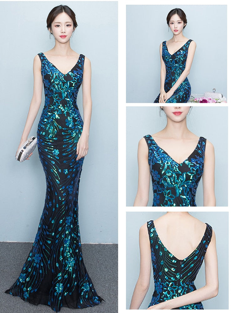 vmtvr - Elegant Mermaid Evening Dress Sleeveless Sequins Robe De Soriee V-neck Tulle Prom Gown Beads Formal Dress New 2023