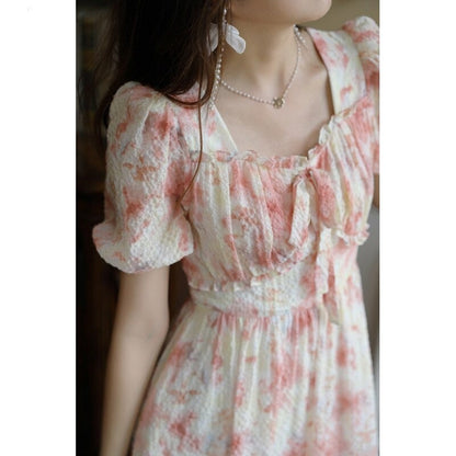 vmtvr - Chiffon Dress Women&#39;s Summer Temperament Square Collar Sweet A-line Midi Floral Pink Holiday Dresses MXA26L0197