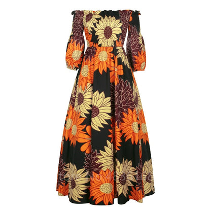 vmtvr African National Print Party Dress Women Casual Sexy Slash-neck Lady Maxi Dress New Vintage Long-sleeved Loose Elegant Dress