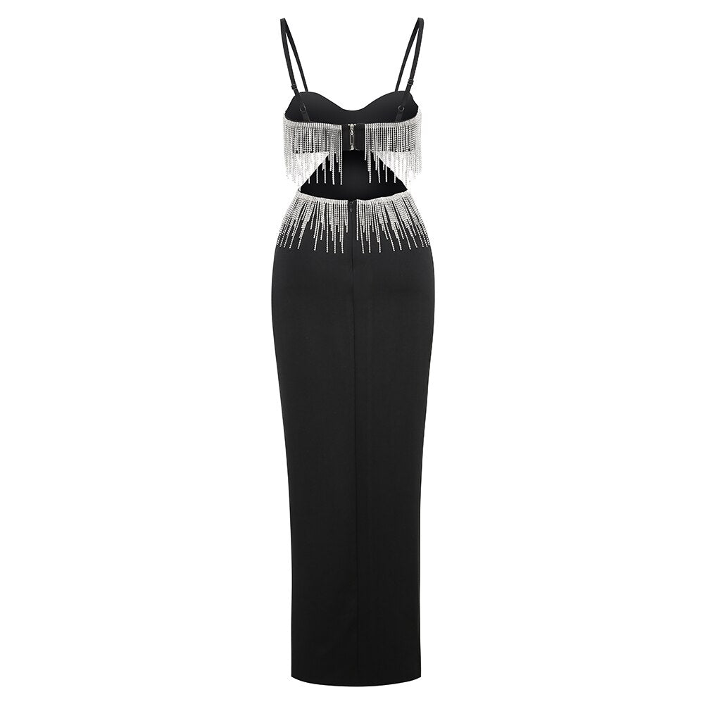 vmtvr Sexy Spaghetti Tassel Diamond Tight Dress Maxi Club Luxury Bodycon Dress Backless High Slit Dress Celebrity Evening Party Dress