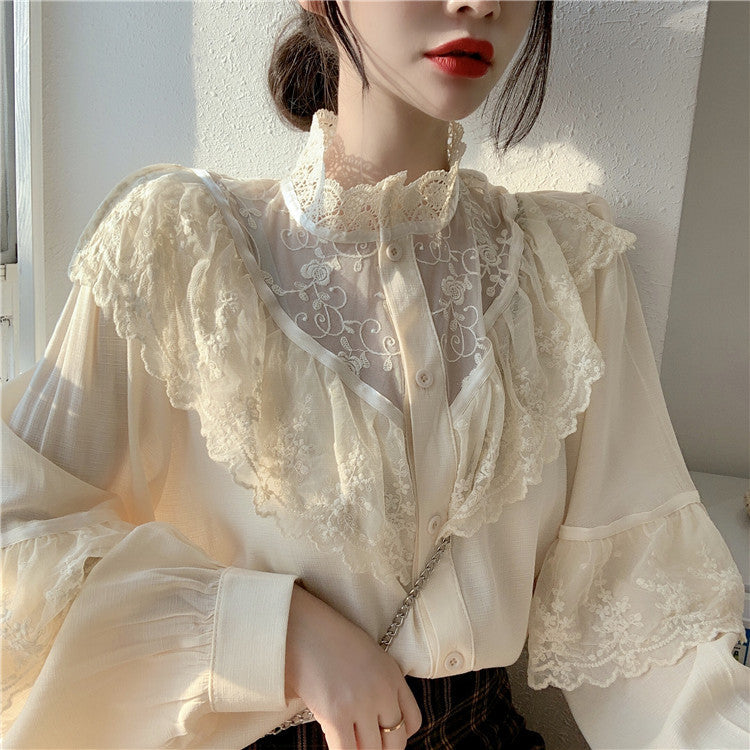 -Fall Outfits Long Sleeve Top Fashion Korean Lace Up Ruffled Blouses Women Autumn Sweet Loose Clothes Stand Collat Ladies Tops Vintage Lace Shirts Women 11335