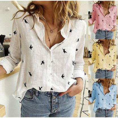 -Fall Outfits Long Sleeve Top  Women's Birds Print Shirts 35% Cotton Long Sleeve Female Tops  Spring Summer Loose Casual Office Ladies Shirt Plus Size 5XL