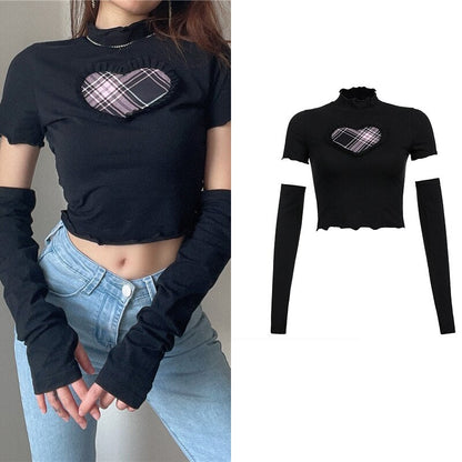 -Fall Outfits -Fall Outfits Long Sleeve Top  Vintage Patchwork Split Crop Top Tees Women Gothic Long Sleeve Embroidery Casual Aesthetic Girls T-Shirts Autumn  Iamhotty