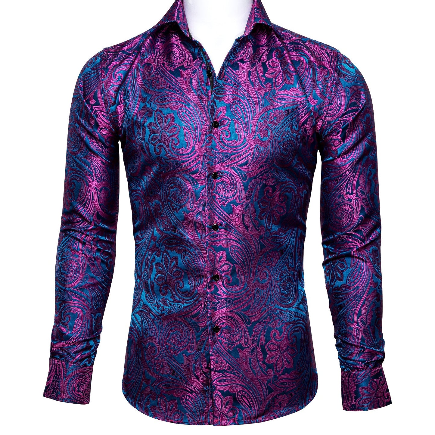 Luxury Red Paisley Silk Shirts Men Long Sleeve Casual Flower Shirts For Men Designer Fit Dress Shirt