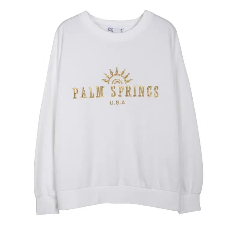 -Retro sports style outfit streetwear 90s fashion Calelinka American Vintage Palm Springs Letters Embroidery Printed White Cotton Sweatshirts Round Neck Vintage Women Ins Jumpers