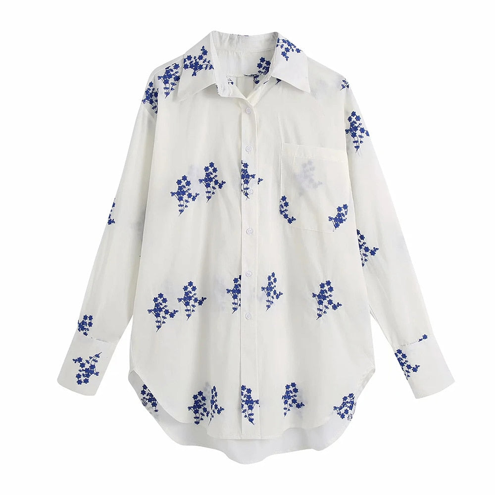 New Women Vintage Blue Floral Print Loose Blouse Office Lady Pocket Patch Casual Shirt Chic Blusas Tops