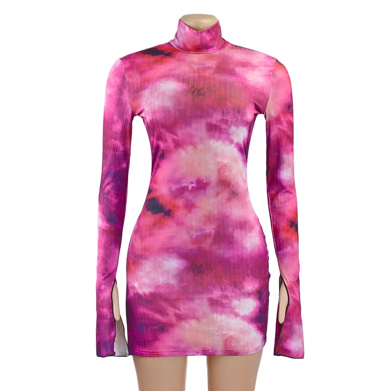 vmtvr Tie Dye Mock Neck Bodycon Dresses For Women Side Split Ribbed Long Sleeve Clubwear Midnight Outfit Party Mini Dress Hot