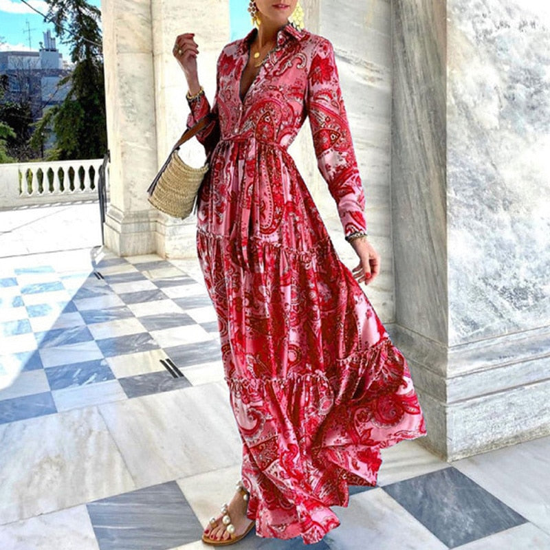 Summer Loose Boho Maxi Beach Dress Sexy Turn-down Collar Button Long Shirt Dress Women Spring Floral Print Pleated Party Dresses