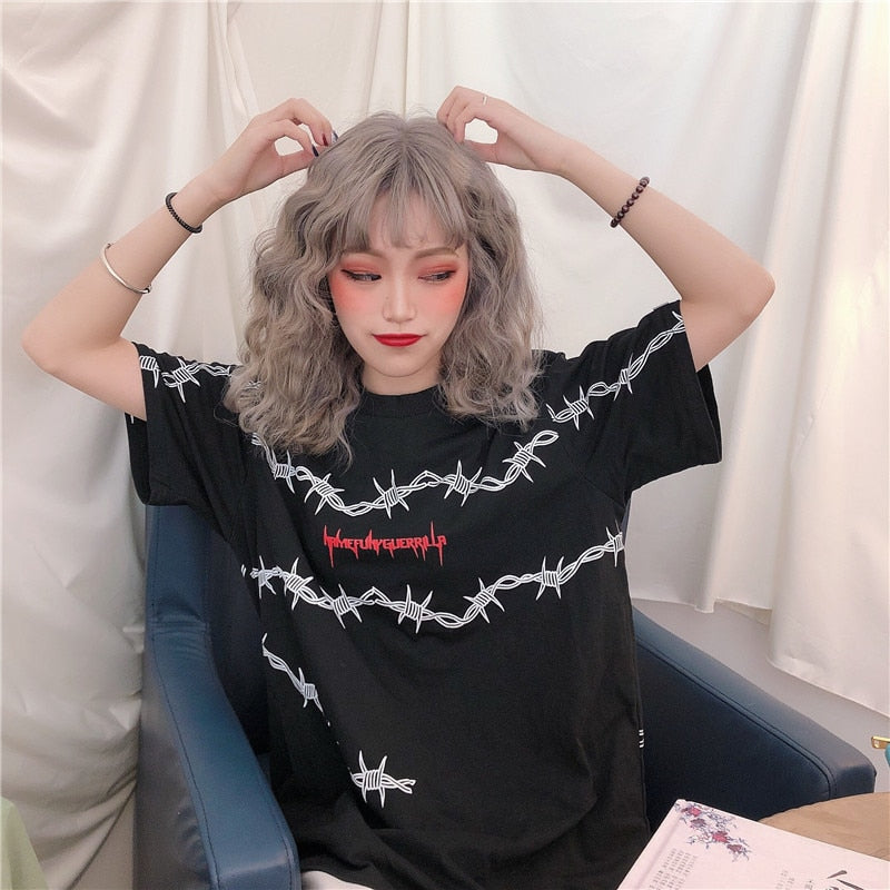 Loose Short Sleeve Unisex Tees Couple Clothes Grunge Tumblr Tops Bf Harajuku Women's T-Shirts Thorns Pattern Streetwear T Shirt