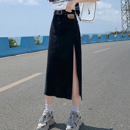 vmtvr High Waist Women Denim Skirt Split Fashion A Line Streetwear Jeans Long Skirt Korean Black Summer Causal Ladies Faldas