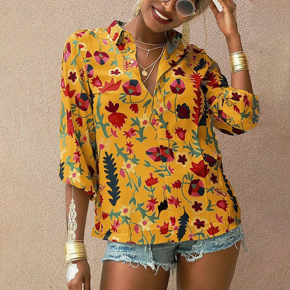 -Fall Outfits Long Sleeve Top Floral Print Blouse Women  Summer Turn Down Collar Long Sleeve Shirts Casual Tops Ladies Office Wear Plus Size Blouses