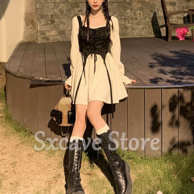 Vintage Lolita Dress Party Women Casual Long Sleeve Elegant Y2k Mini Dress Kawaii Clothing One Piece Dress Korean Spring