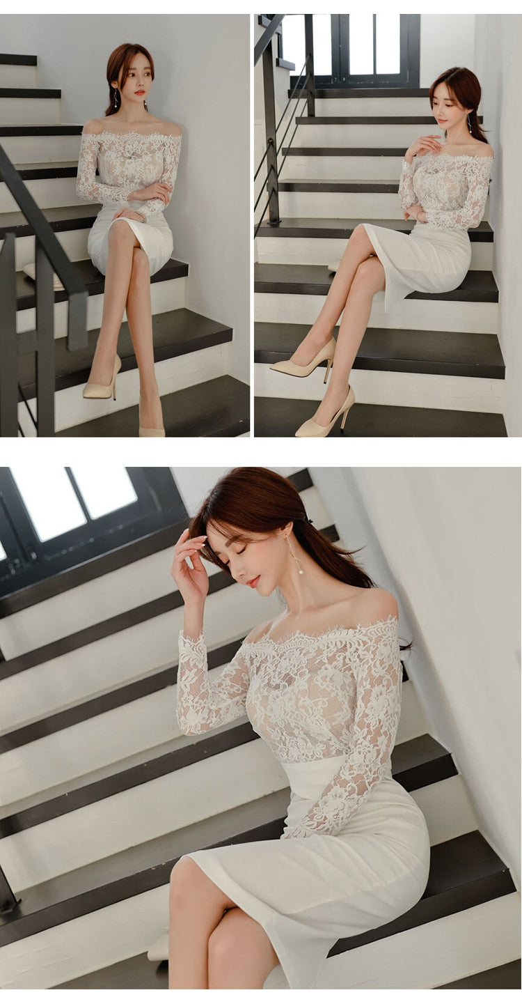 new arrival fashion korean spring midi party dress women OL temperament lace perspective sexy off-shoulder holiday pencil dress