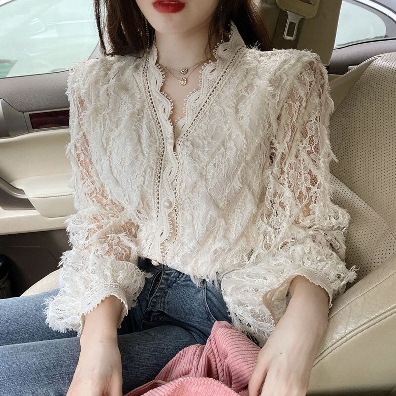 -Fall Outfits Long Sleeve Top  Vintage V-Neck Long Sleeve Lace Blouse Women Tops Tassel White Shirts Blusas Hollow Out Lace Flowers Ladies Blouses Shirts 16095