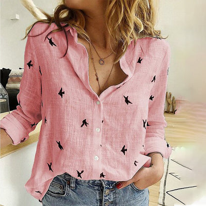 -Fall Outfits Long Sleeve Top  Women's Birds Print Shirts 35% Cotton Long Sleeve Female Tops  Spring Summer Loose Casual Office Ladies Shirt Plus Size 5XL