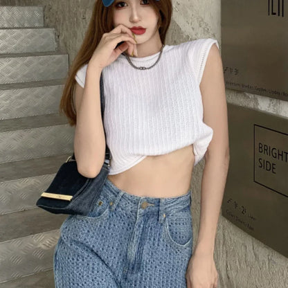 vmtvr Loose Women Vest Tanks Summer Sleeveless Solid White Knit Korean Pullover O Neck Crop Tops Casual Hollow Out Thin Tops