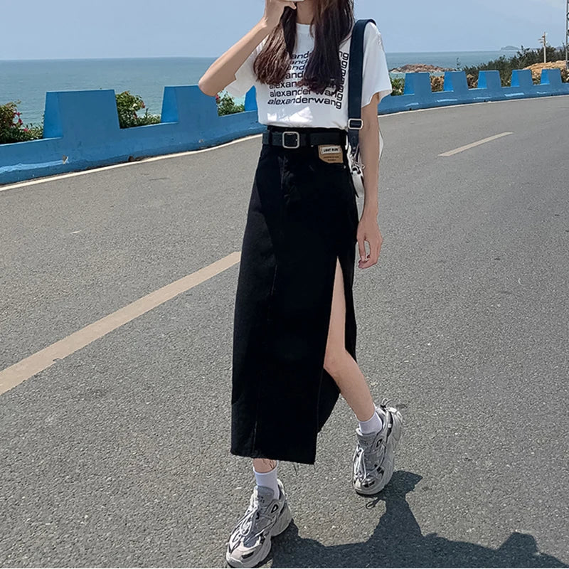 vmtvr High Waist Women Denim Skirt Split Fashion A Line Streetwear Jeans Long Skirt Korean Black Summer Causal Ladies Faldas