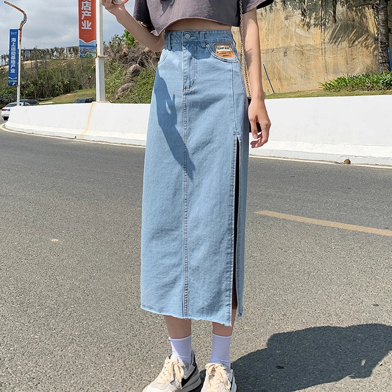 vmtvr High Waist Women Denim Skirt Split Fashion A Line Streetwear Jeans Long Skirt Korean Black Summer Causal Ladies Faldas