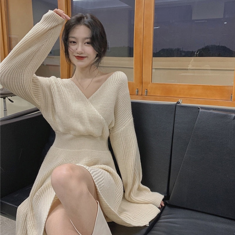 vmtvr Atumn Knitted Dress Women Long Sleeve V-Neck Sexy Pure Color Elegant Sweater Mini Dress Female Party One Piece Dress Korean