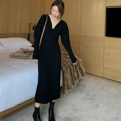 vmtvr - Elegant Long White Knitting Dress Women Winter V-Neck Long Sleeve Bodycon Dress Korean Office Lady High Waist Vintage Dress