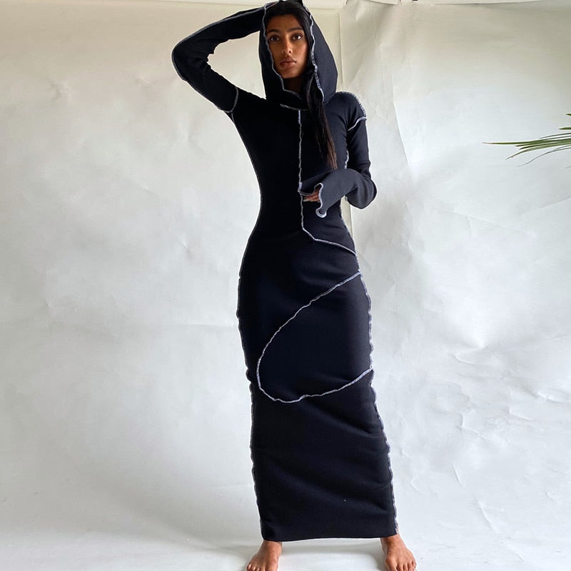 Long Sleeve Hooded Patchwork Skinny Maxi Dress Autumn Winter Women Fashion Streetwear Casual Outfits