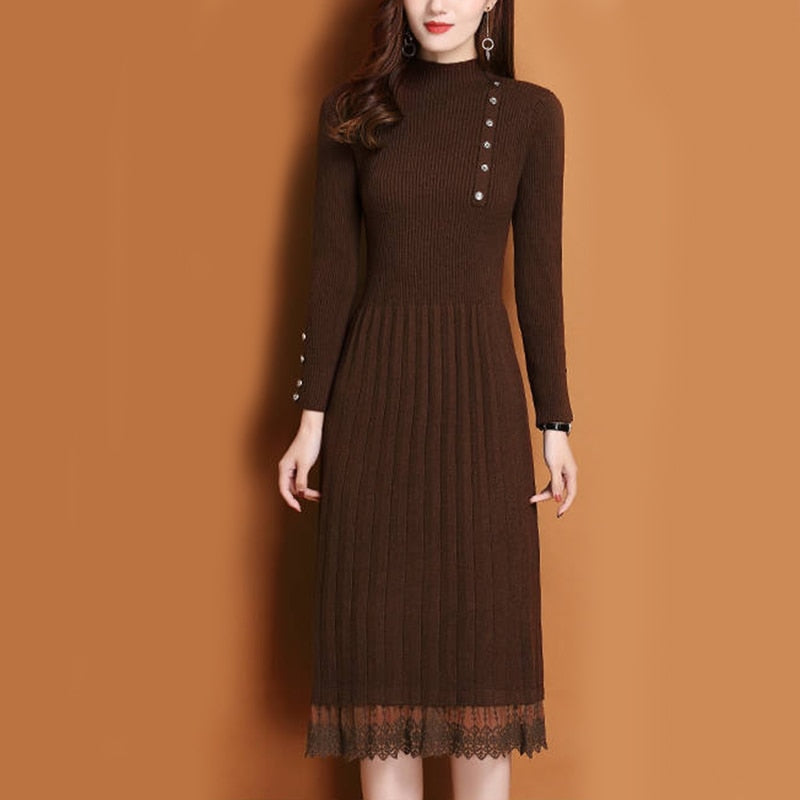 vmtvr - Lace Hem Buttons Women Autumn Winter Sweater Knitted a line Dresses Ribbed Slim Elastic Long Sleeve Lady Bodycon Midi Dresses