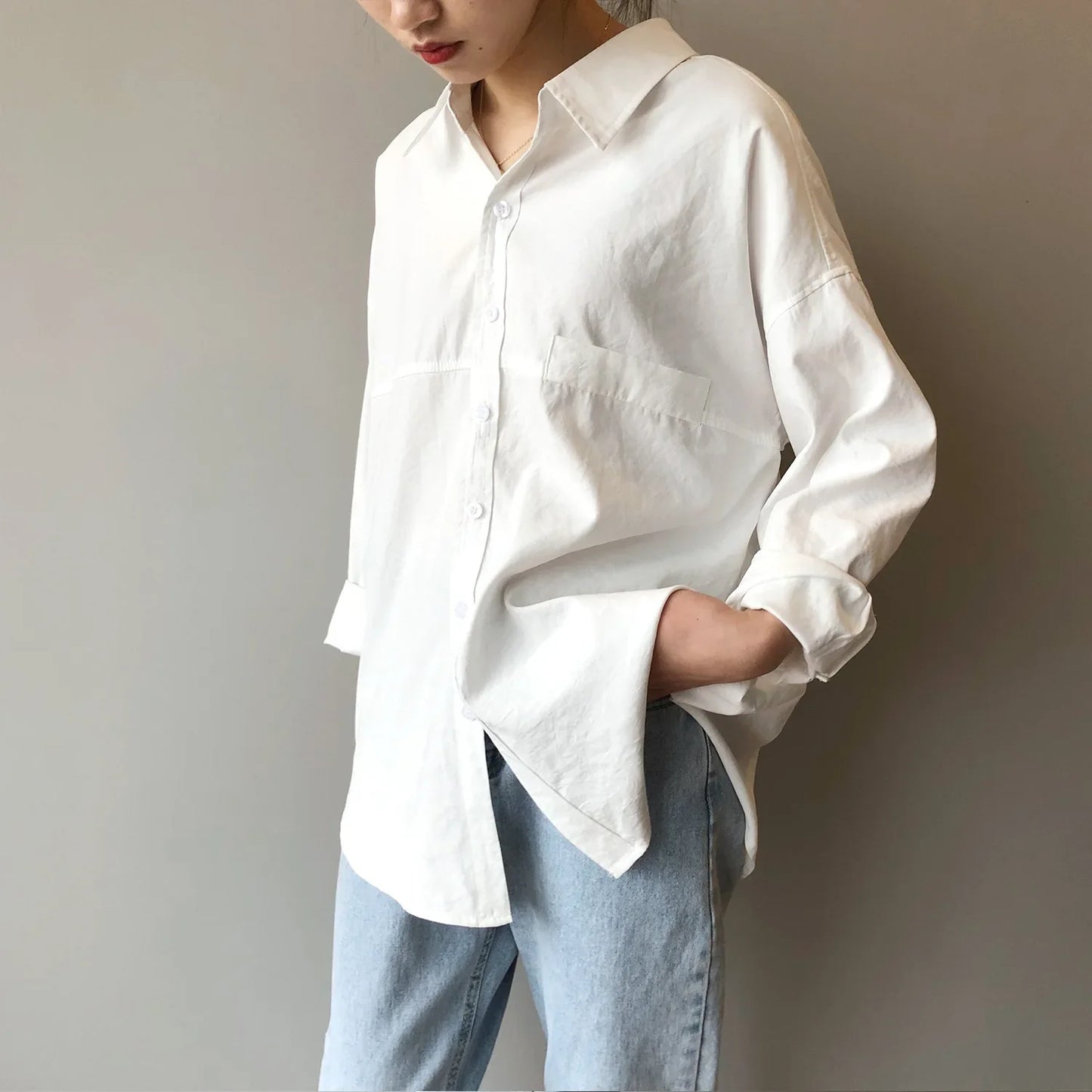 -  New Korean Loose Solid Color Womens Tops And Blouses Spring Autumn 3 Colors All Match Female Shirts