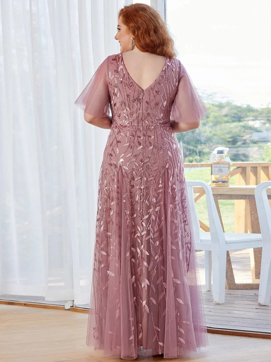 Plus Size Prom Dresses Romantic Shimmery V-Neck Ruffle Sleeves Ever Pretty Classic Maxi Long Evening Gowns Vestidos De Gala