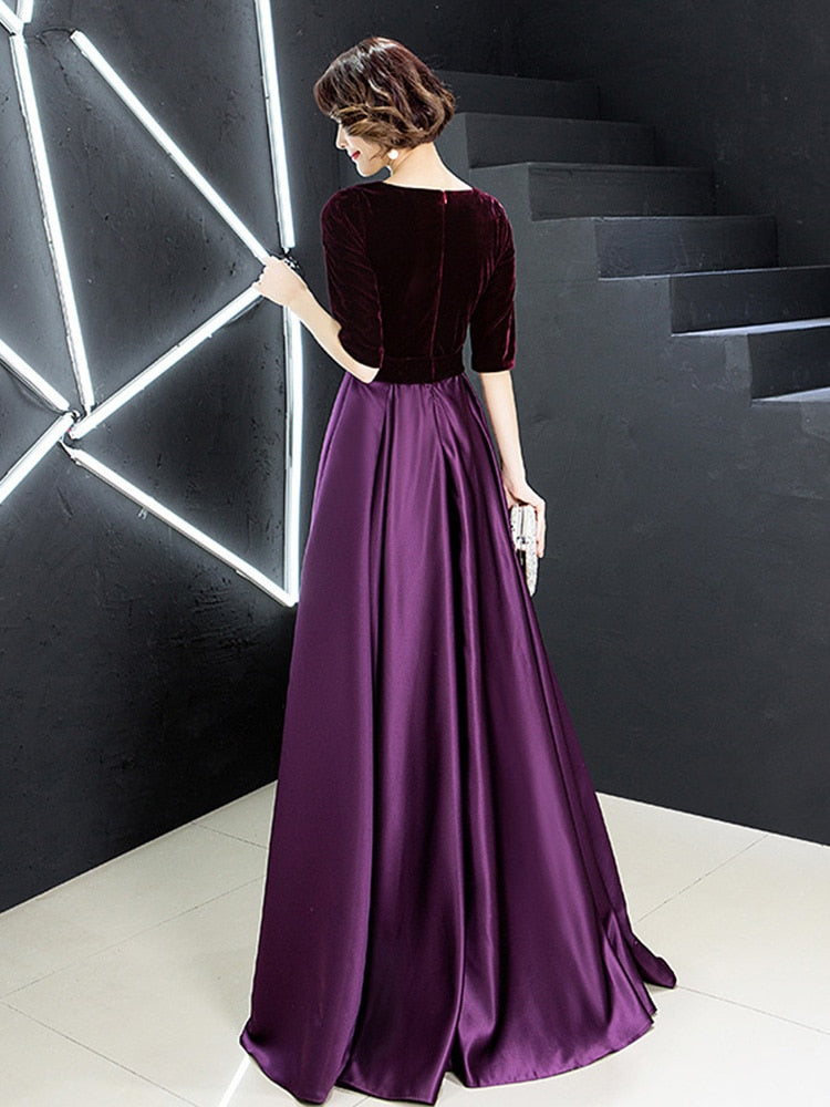 V-neck Bow Waist A-line Satin Evening Dresses Short-Sleeve Velour Formal Women Prom Dresses Elegant Graduation Party Gowns