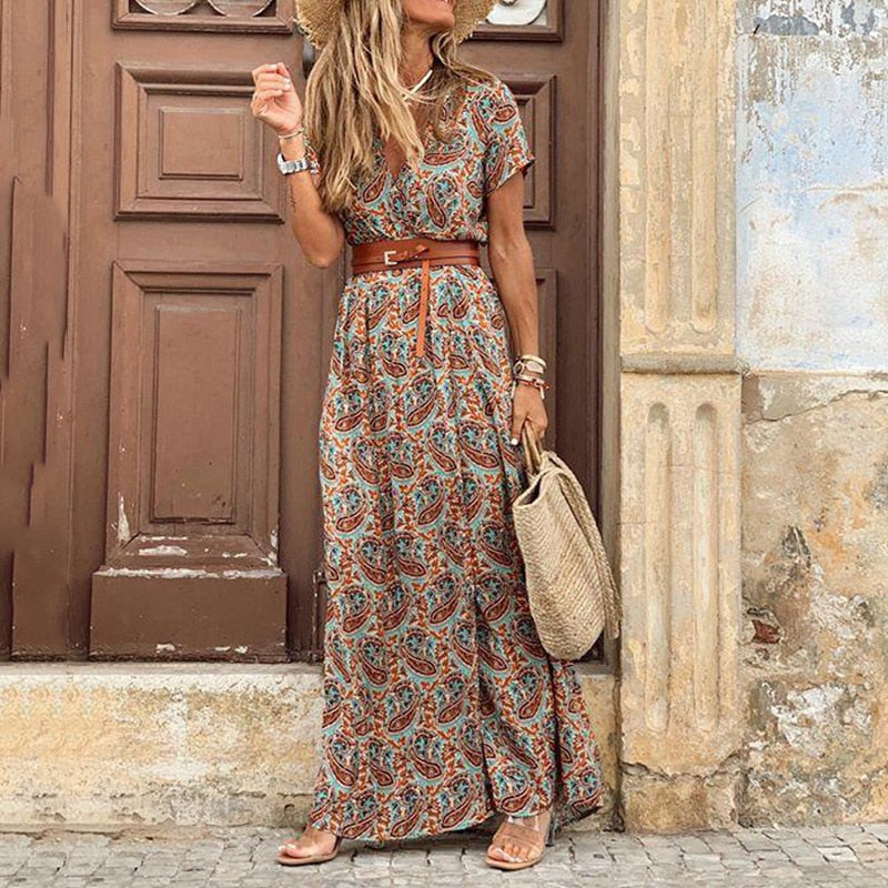 vmtvr Autumn Dress  Women New Fashionable Bohemian V-neck Floral Print Long Dress Female Short Sleeve Sexy High Split Maxi Dresses