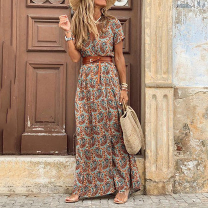 vmtvr Autumn Dress  Women New Fashionable Bohemian V-neck Floral Print Long Dress Female Short Sleeve Sexy High Split Maxi Dresses