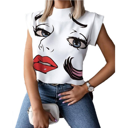 Fashion Women Elegant Lips Print Tops Blouse Shirts Summer Ladies Office Casual Stand Neck Pullovers Eye Blusa Tops