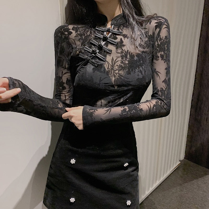 Black Friday Girls Transparent Lace Blouses Shirts Tees Female Chinese Style Turtleneck Vintage Full Sleeve Black Blouses Tops For Women