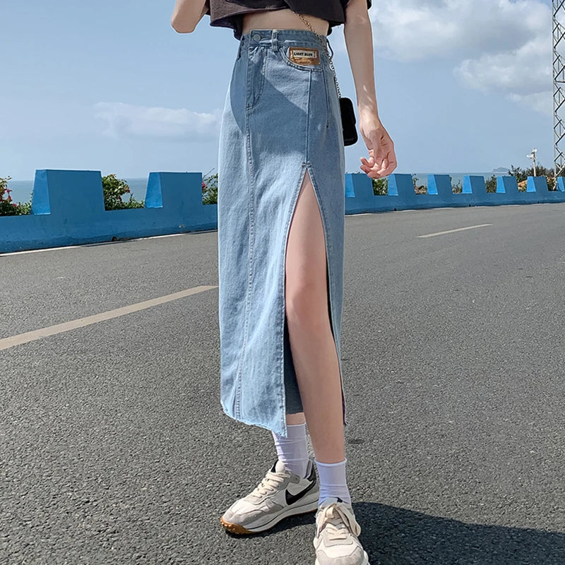 vmtvr High Waist Women Denim Skirt Split Fashion A Line Streetwear Jeans Long Skirt Korean Black Summer Causal Ladies Faldas