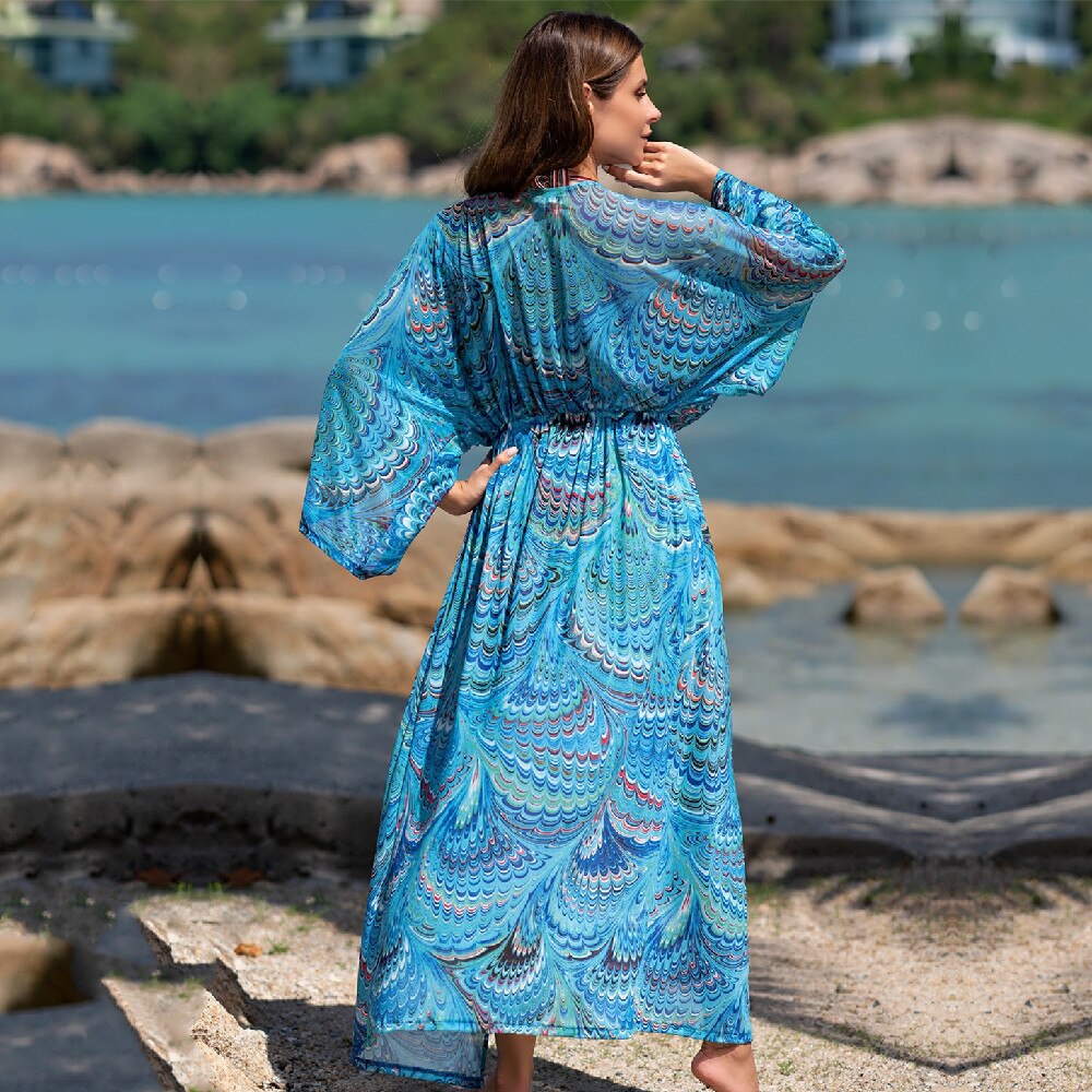 -Fall Outfits Long Sleeve Top   Purple Bohemian Printed Long Sleeve Self Belted Tassel Plus Size Beachwear Kimono Tunic Women Tops And Blouses Shirts Q1237